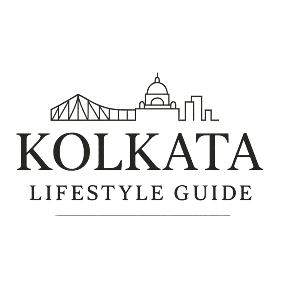 Kolkata Lifestyle Guide logo with Kolkata skyline outline including Howrah Bridge and Victoria Memorial above elegant serif text.