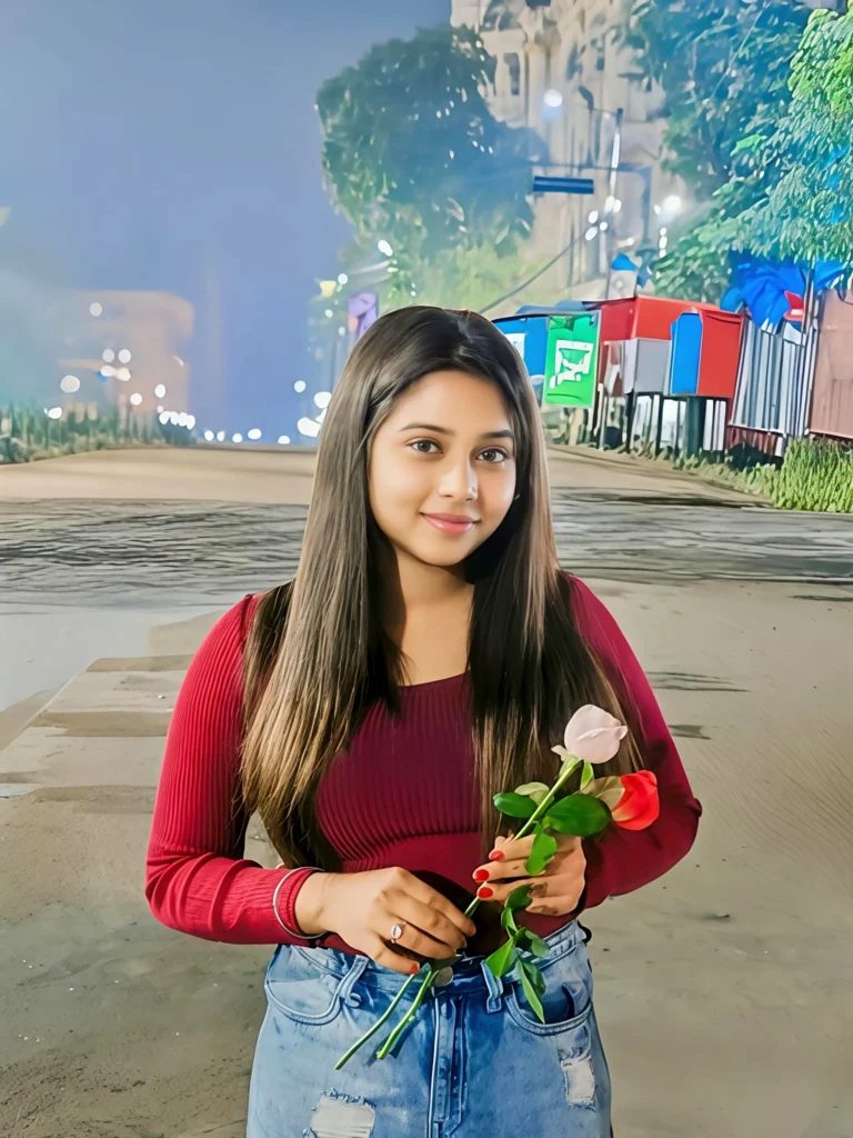 Friendly Escort Riya smiling in an elegant dress in Kolkata
