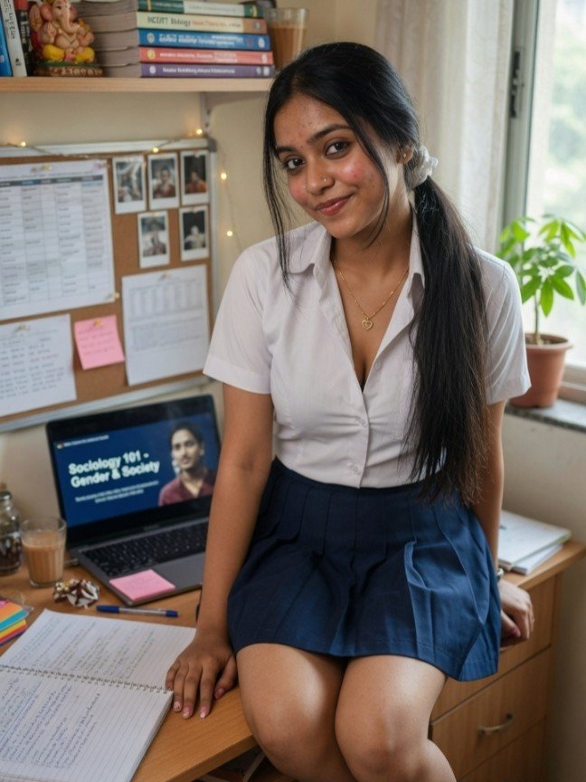 Stunning 19-year-old Indian teen escort in white shirt and blue pleated skirt sitting at study desk with laptop, college girl look