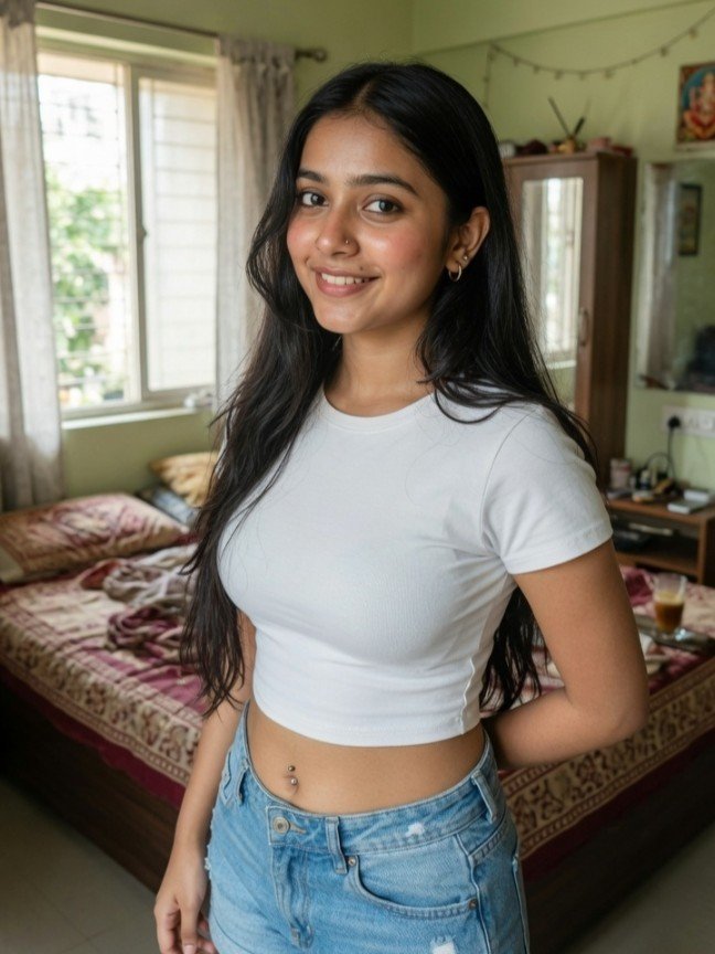 Cute 18-year-old Bengali college girl escort in white crop top and blue jeans smiling in cozy bedroom setting