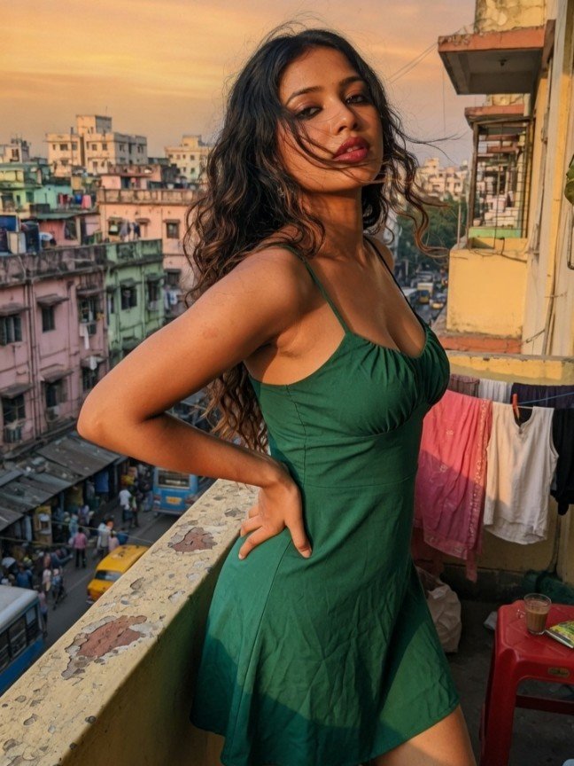 Gorgeous Kolkata escort in short green dress posing on rooftop balcony with windy hair and city skyline background at sunset