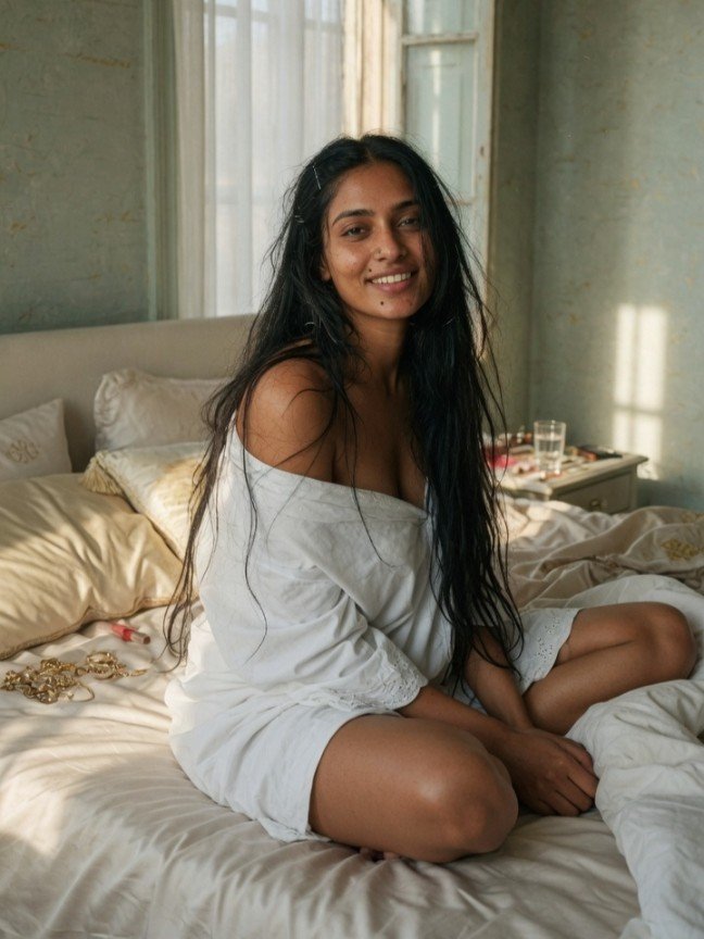 Natural beauty Indian escort in loose white off-shoulder top sitting comfortably on bed with messy hair and genuine smile, soft morning light