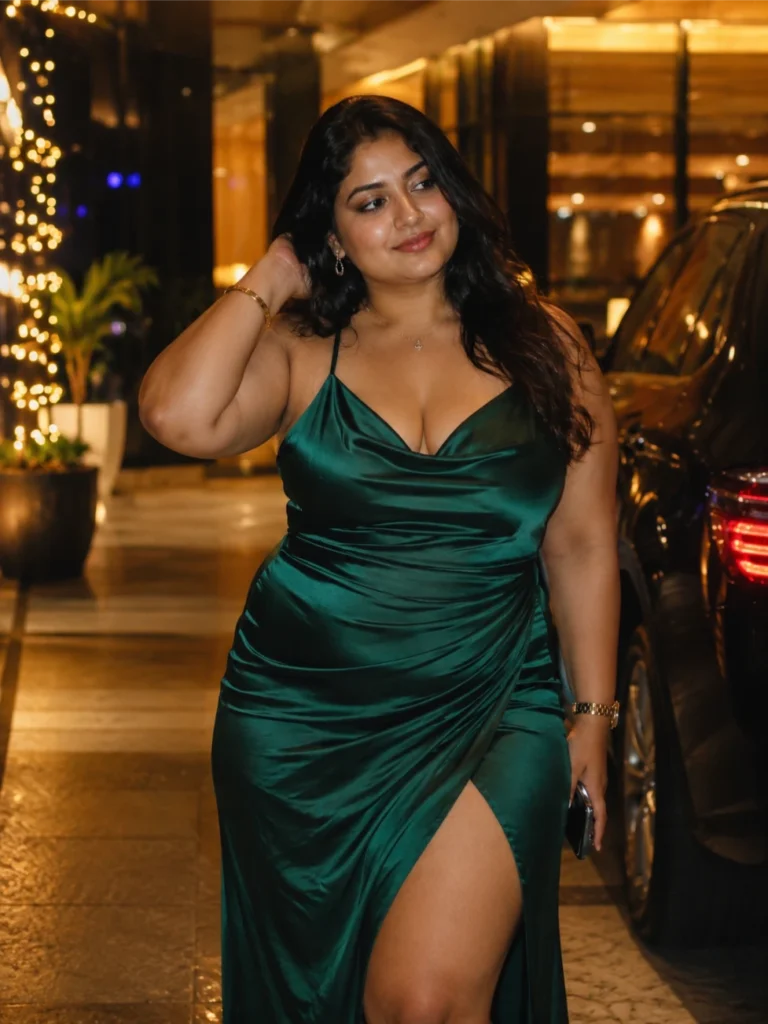 Curvy Indian housewife escort in elegant emerald green satin slip dress with thigh-high slit posing outside luxury hotel at night