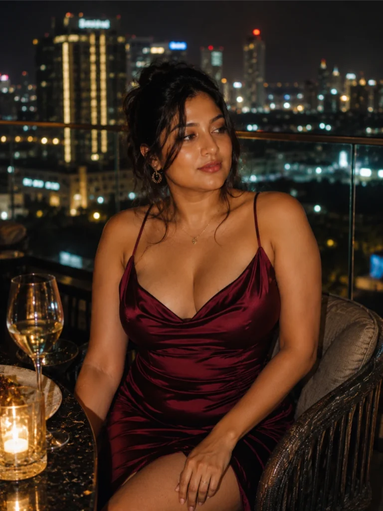 Voluptuous Kolkata escort in deep maroon satin dress sitting on luxury rooftop with sparkling city skyline at night