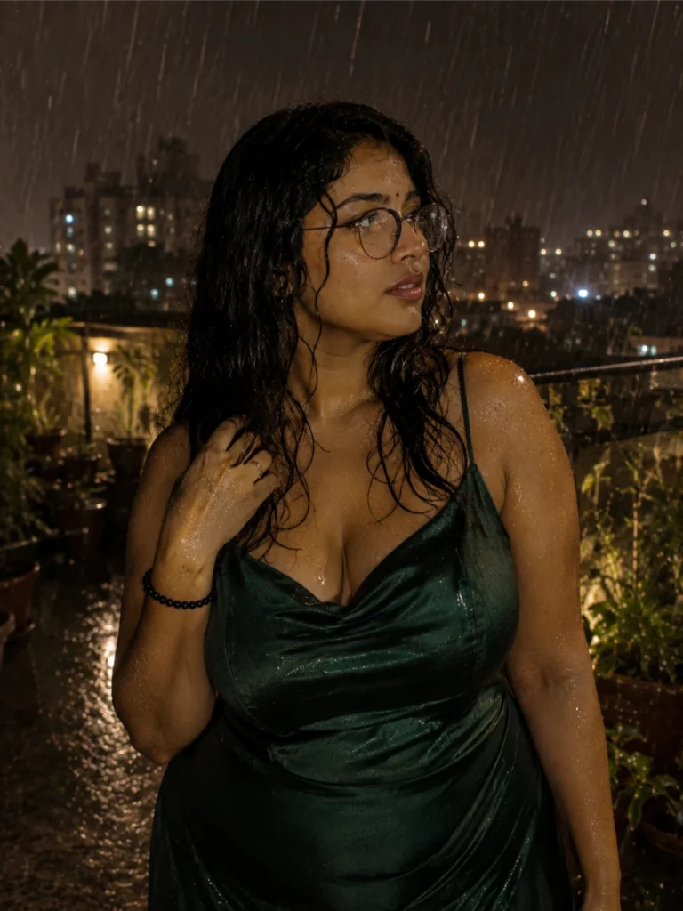 Seductive curvy Indian escort in wet green satin dress with glasses posing in heavy rain on rooftop at night