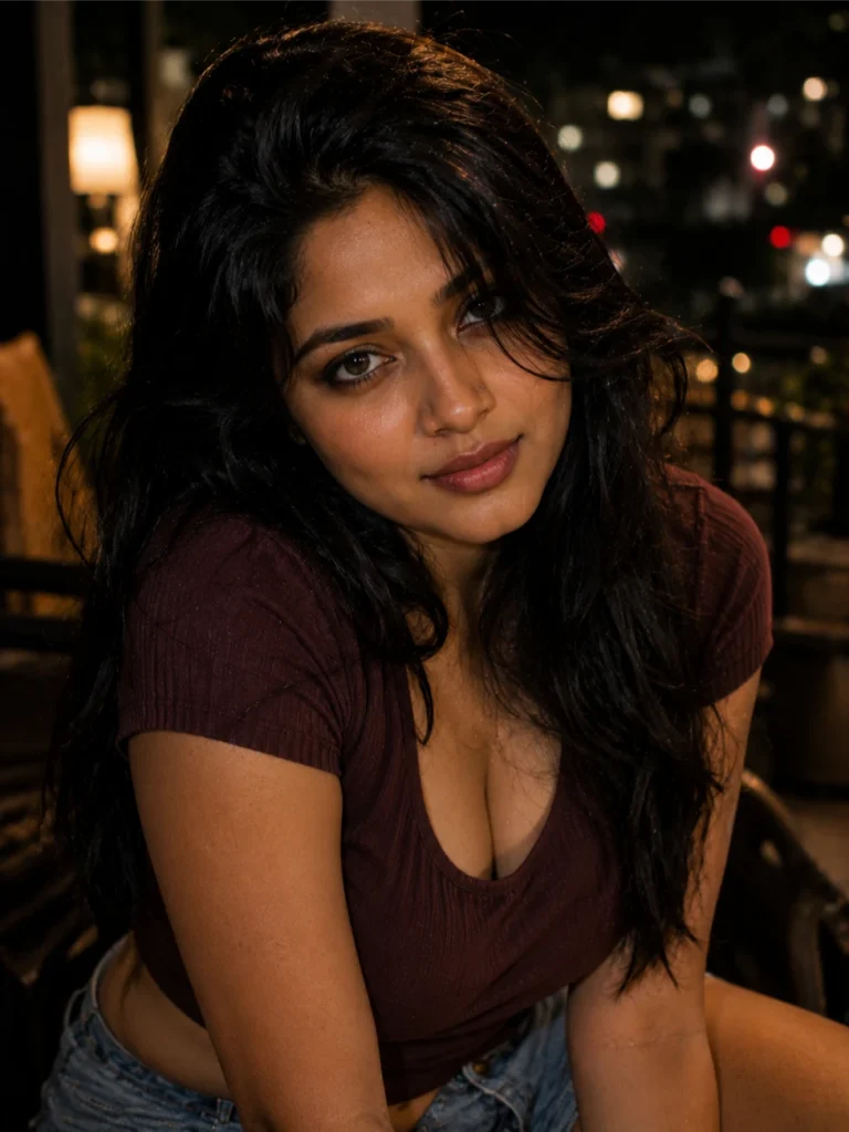 Stunning Indian escort with long wavy black hair in maroon crop top posing seductively at night with city lights background