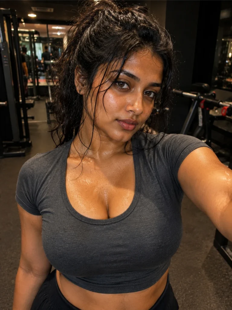 Fit and toned Indian fitness escort in grey crop top taking sweaty gym selfie, high energy and athletic body