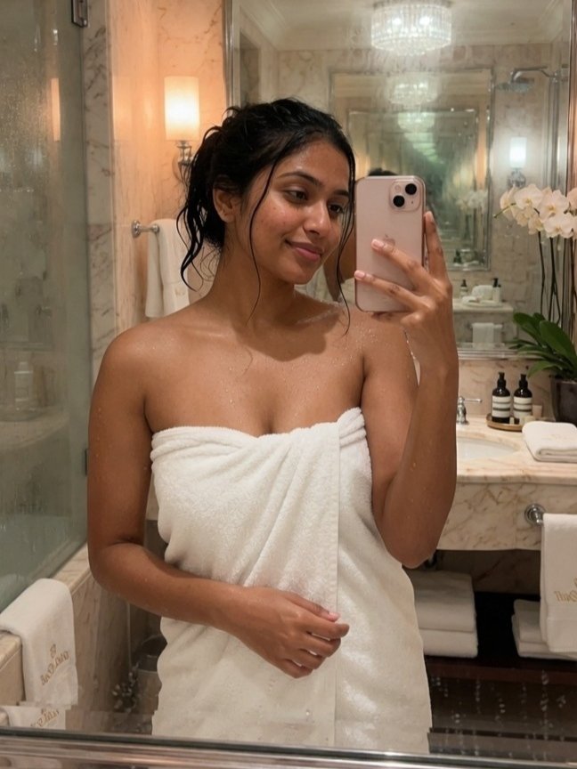 Stunning Indian high-class escort taking mirror selfie in luxury hotel bathroom wrapped in white towel, wet hair after shower, fresh and sensual look